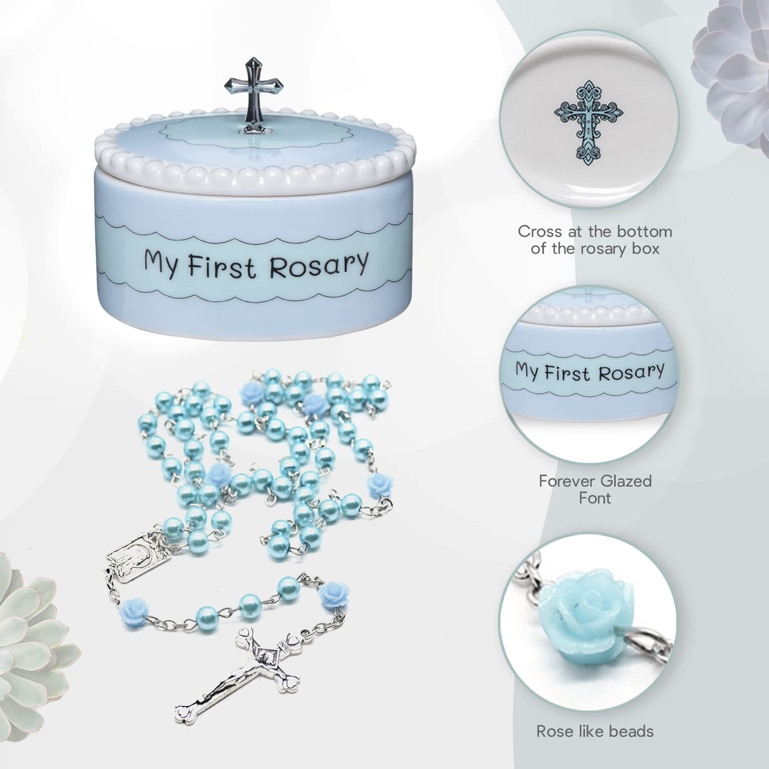 Cascade Goods blue rosary beads detail for a gentle baptism memory