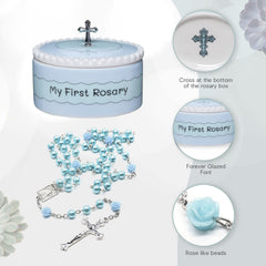 Cascade Goods blue rosary beads detail for a gentle baptism memory