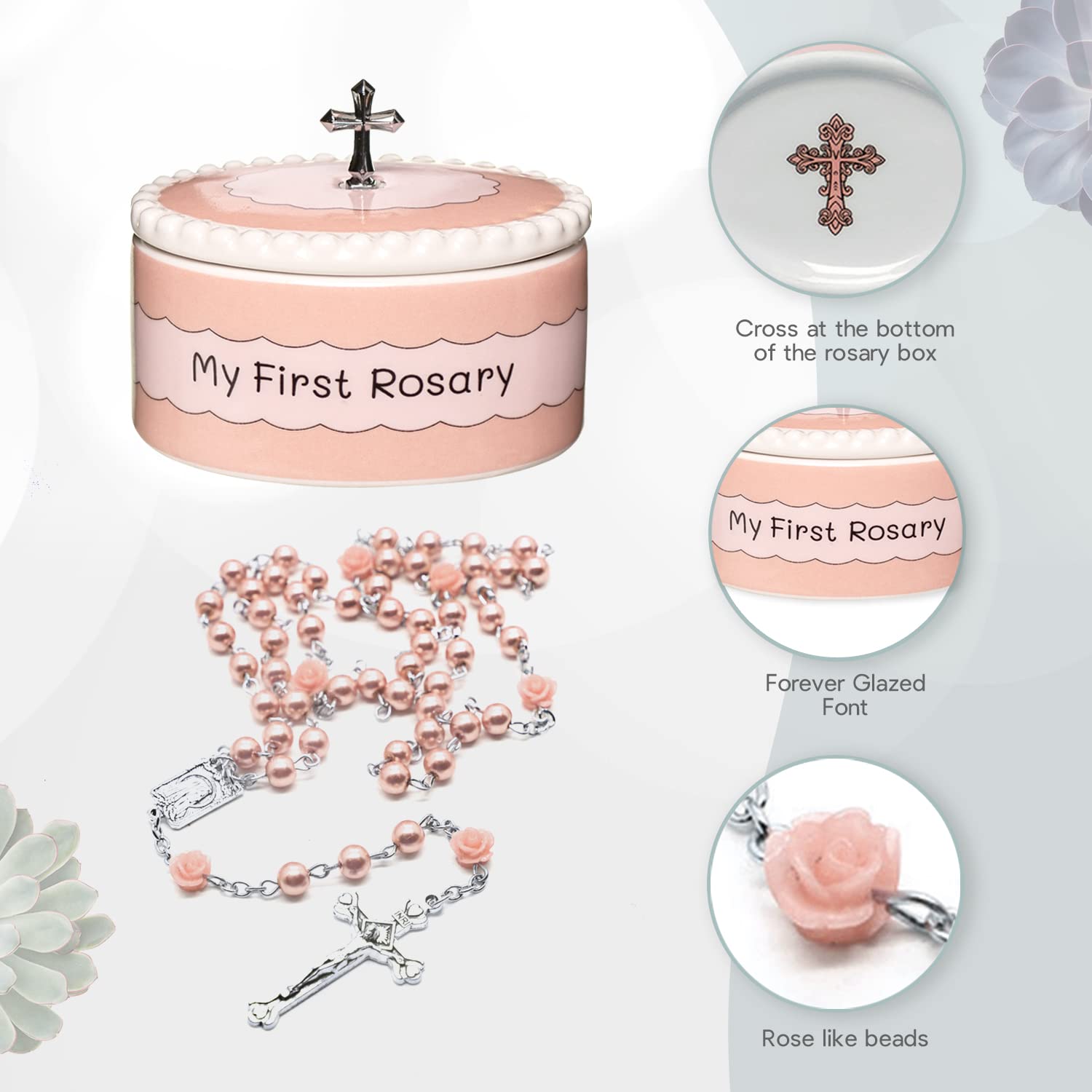 CASCADE GOODS Pink keepsake box complements the baptism rosary set