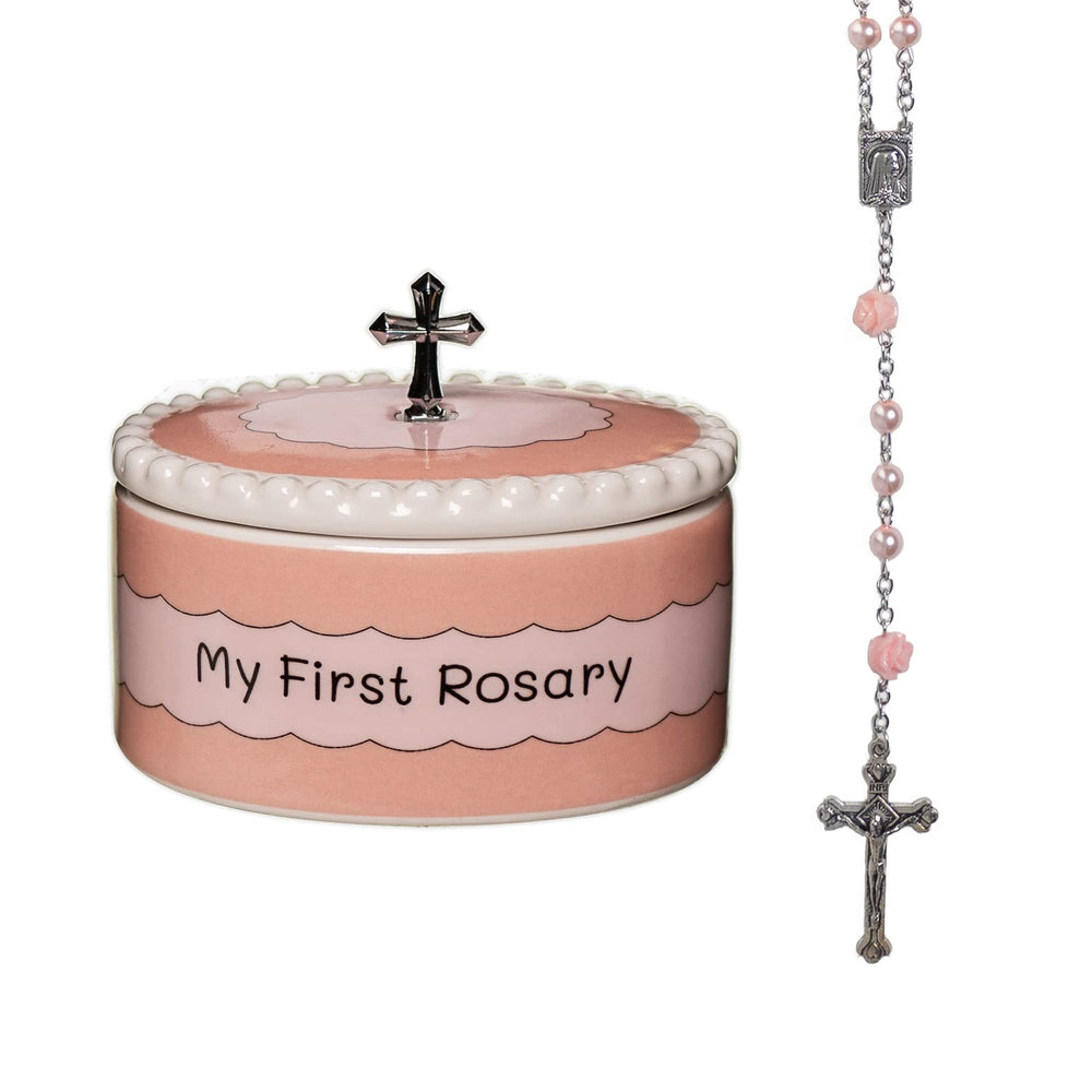 Cascade Goods pink rosary beads for baby's baptism keepsake.