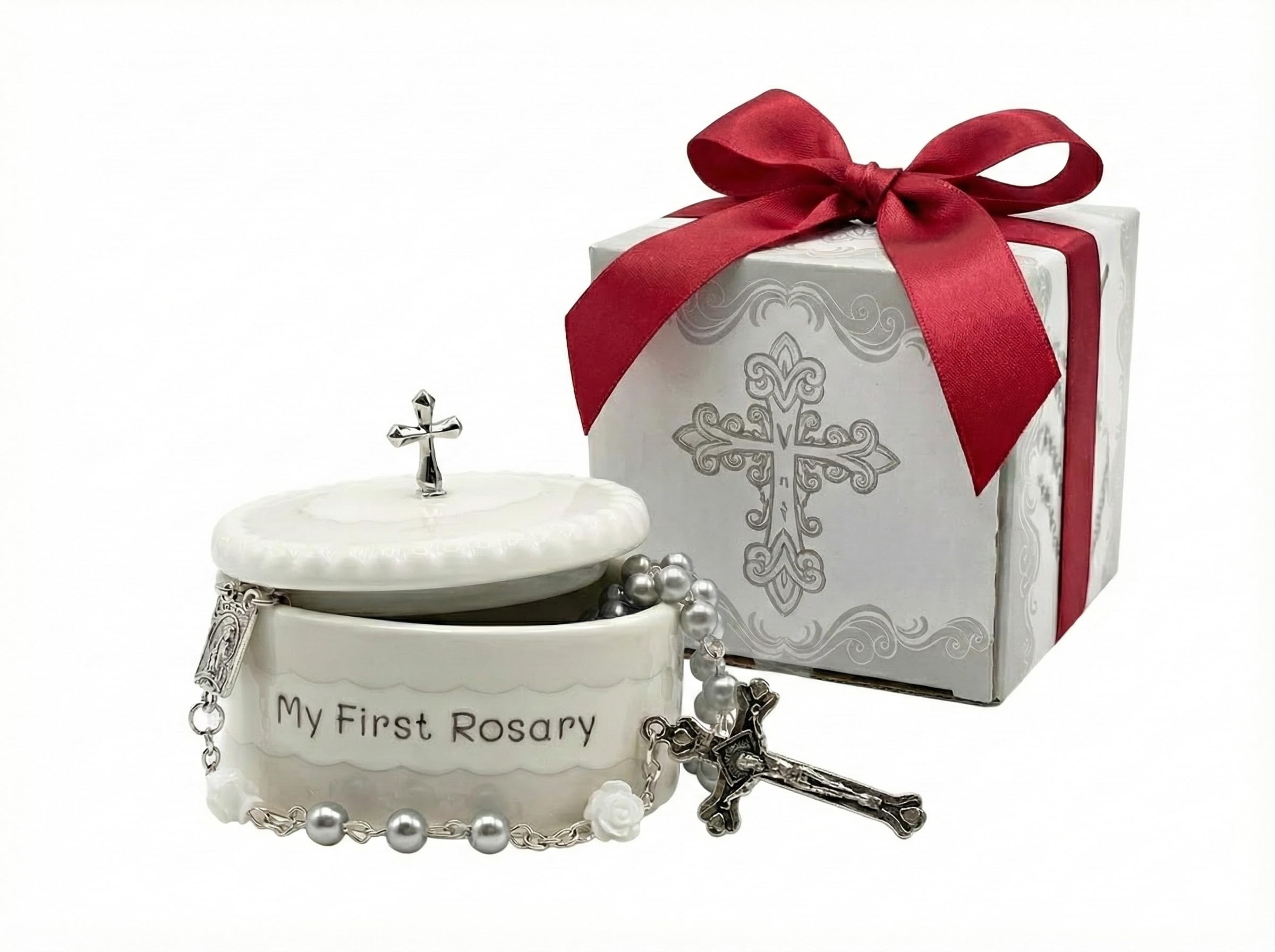 Cascade Goods white first rosary box front view, ideal baptism keepsake.