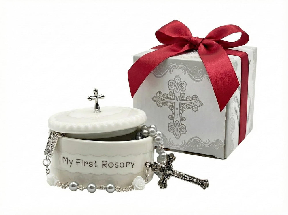 Cascade Goods white first rosary box front view, ideal baptism keepsake.