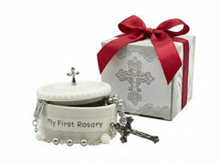 Cascade Goods white first rosary box front view, ideal baptism keepsake.