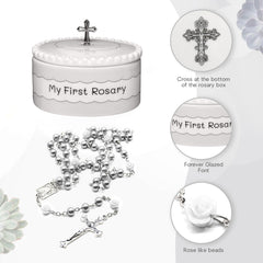 Cascade Goods white first rosary box opened interior showing keepsake and rosary.