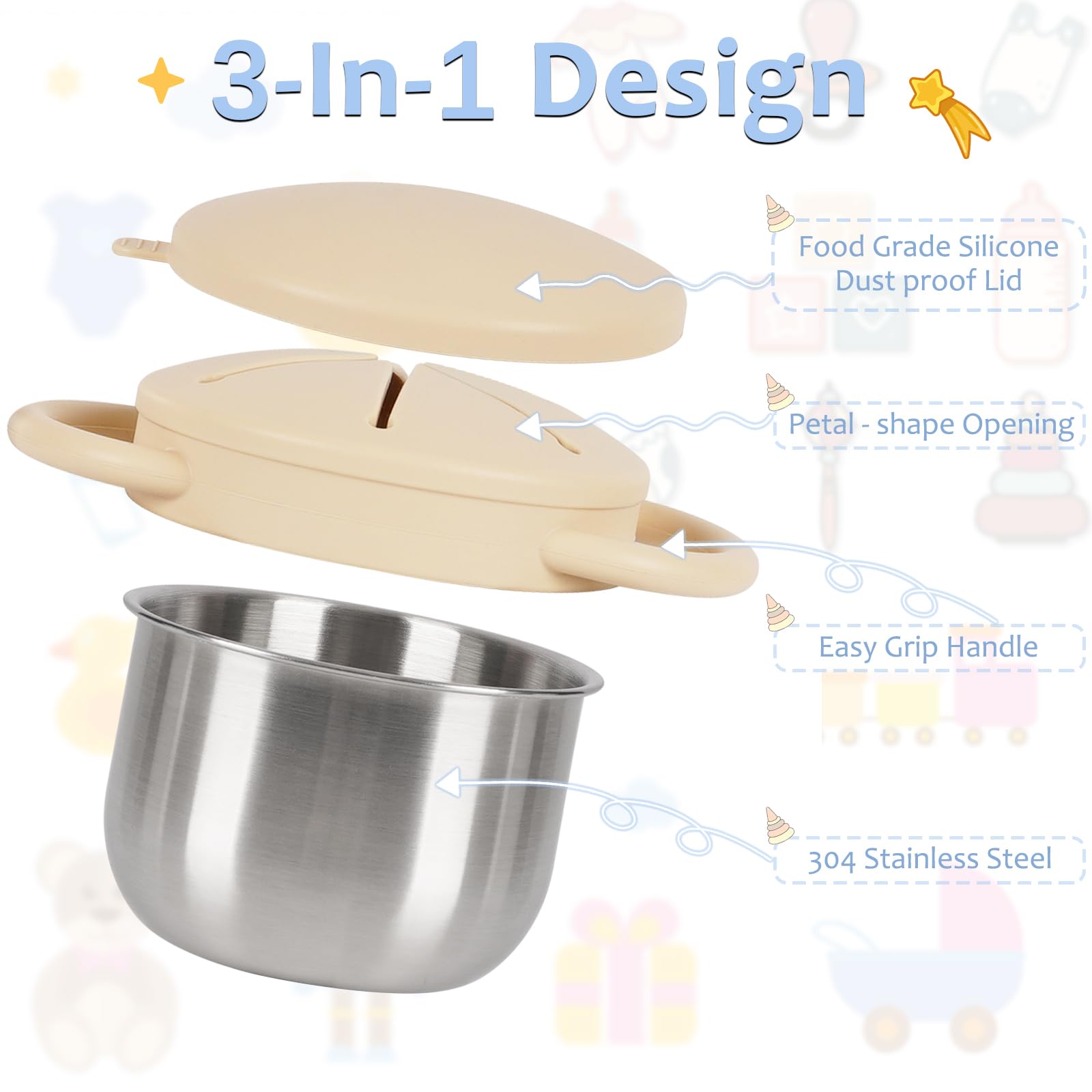Casremee 304 stainless steel snack cups withstand playtime and tumbles