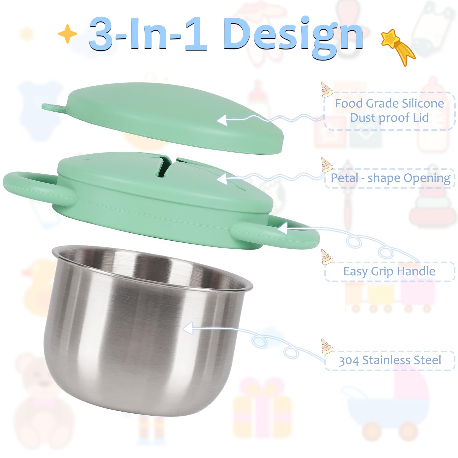 Casremee snack cups featuring soft, easy-grip handles for small hands