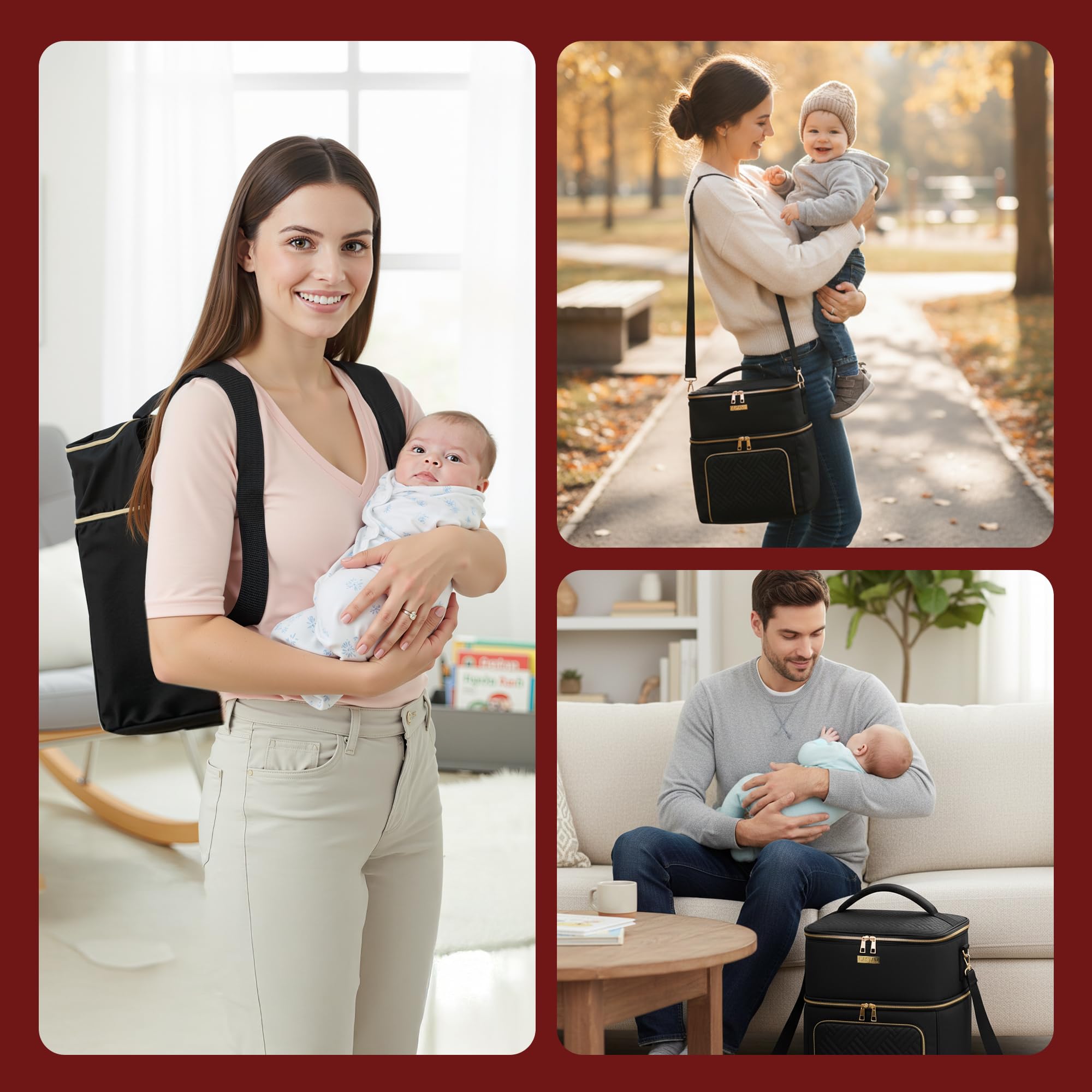 Castal bag spacious compartments hold pump, bottles, wipes, and accessories.