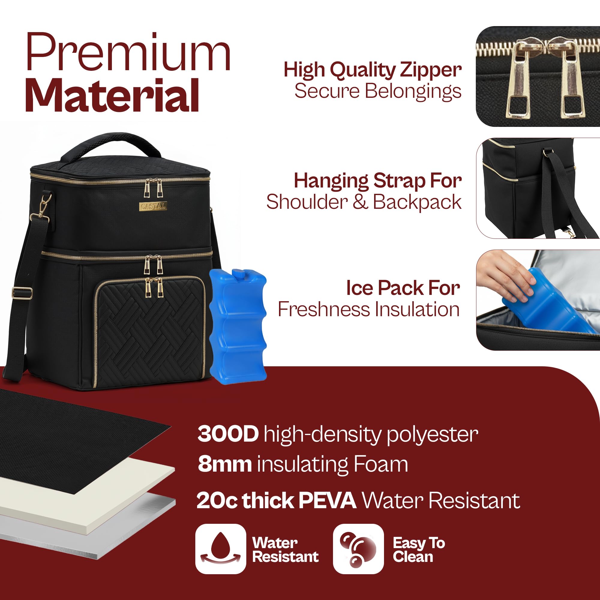 Castal bag offers a backpack carry option for hands-free pumping.