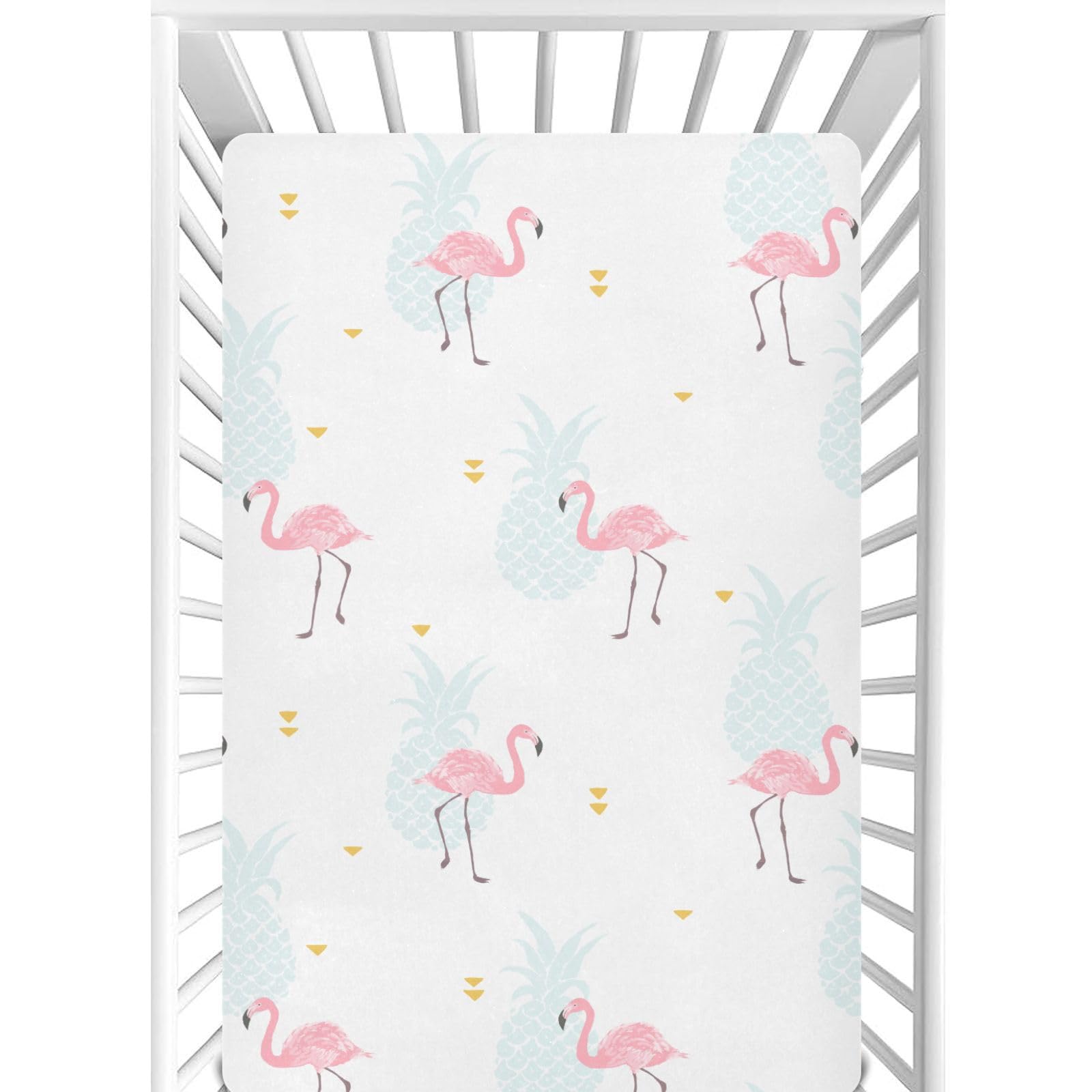 CaTaKu pineapple flamingo Hawaii crib sheets brighten the nursery with durable color.