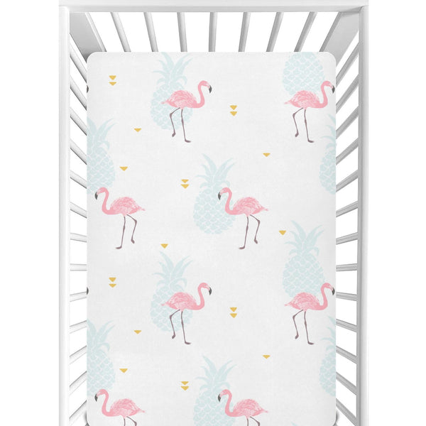 CaTaKu pineapple flamingo Hawaii crib sheets brighten the nursery with durable color.