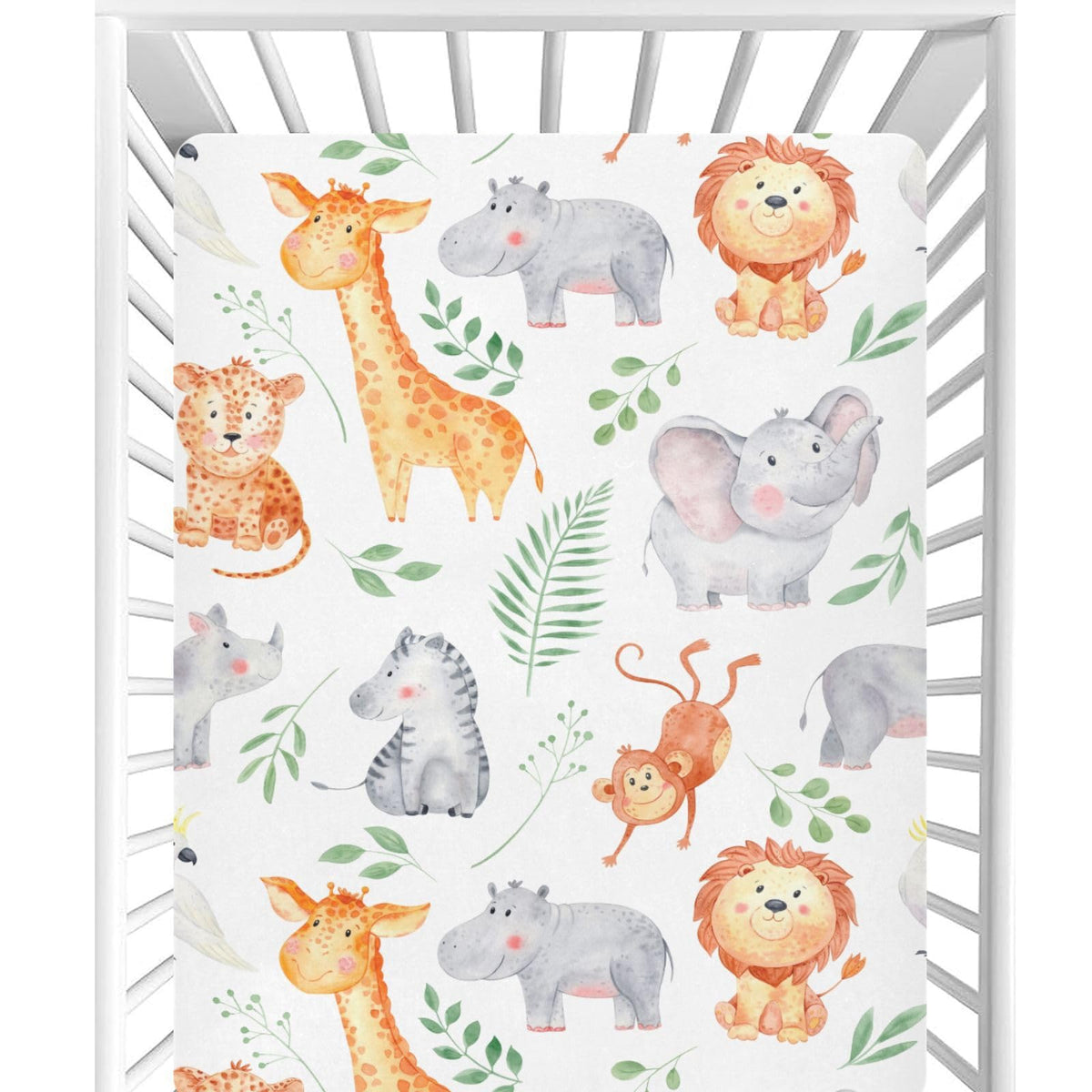 CaTaKu baby crib sheets with safari animals leaves print for vibrant nursery decor