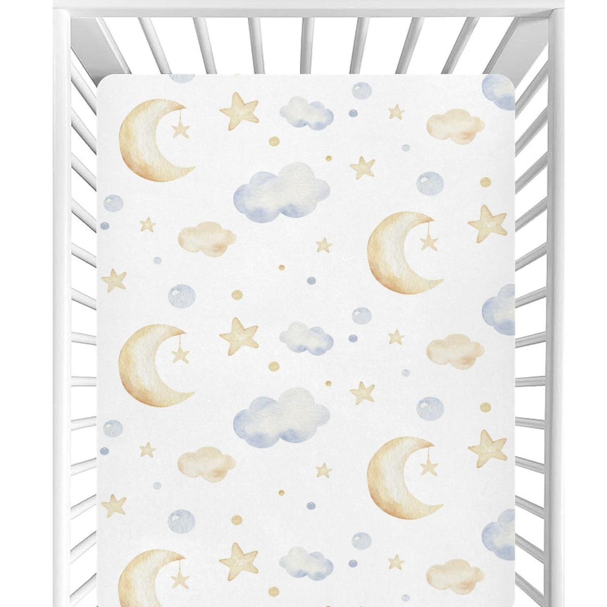 CaTaKu Clouds & Stars crib sheets closeup showing soft, breathable fabric.