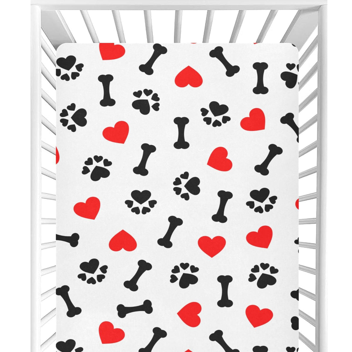 CaTaKu dog bone paw print crib sheet front view enhances nursery style and coziness