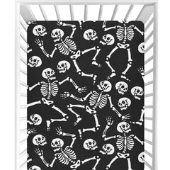 CaTaKu Halloween skull crib sheet close-up showing snug mini crib fit
