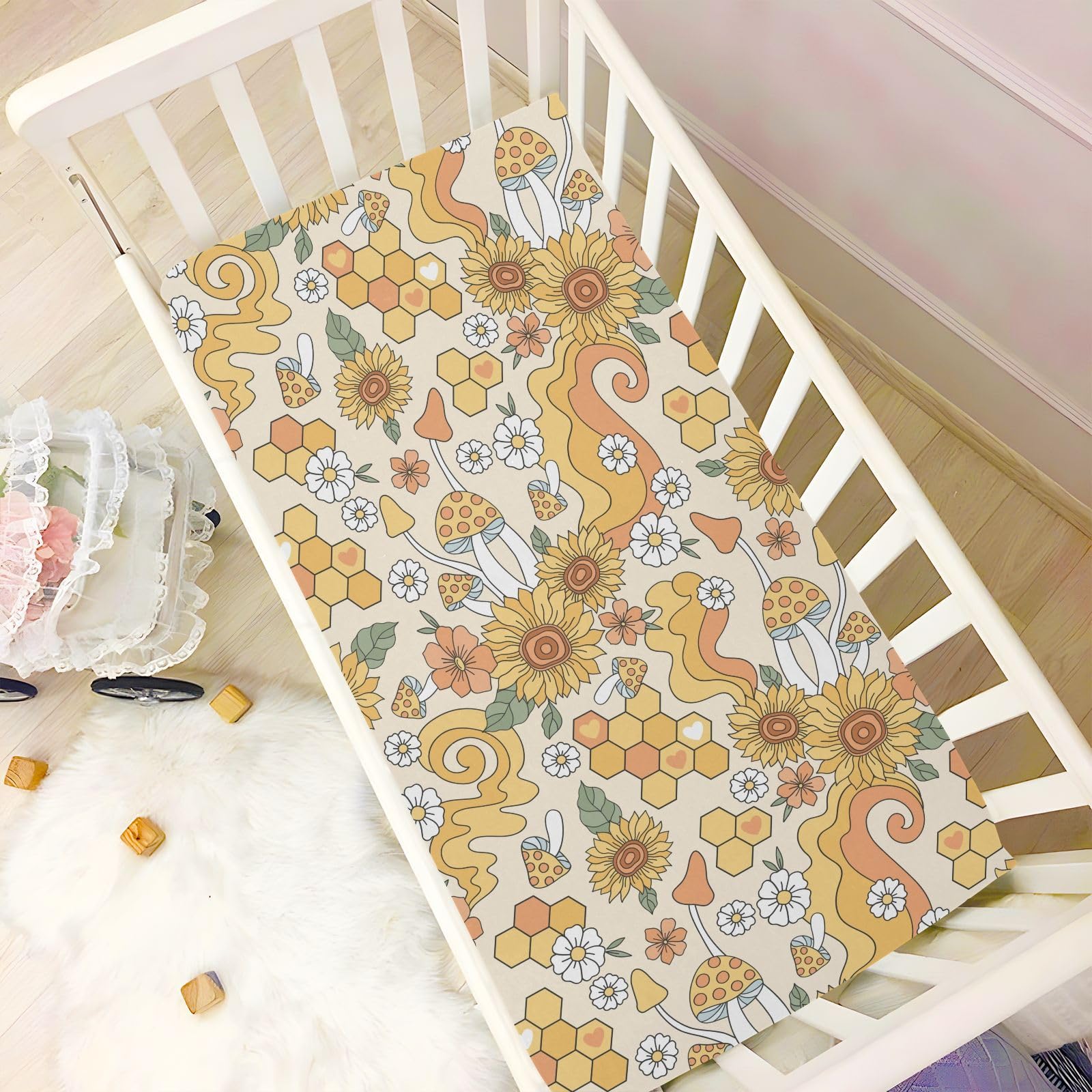 CaTaKu Hippie Flower Honey crib sheet with 360 degree elastic for secure fit
