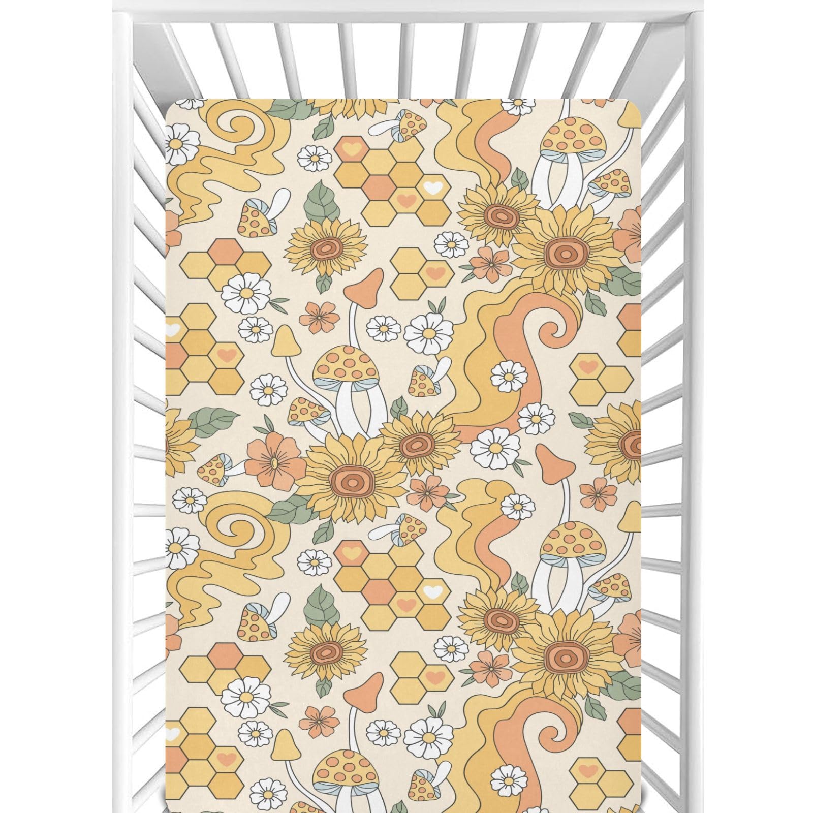 CaTaKu Hippie Flower Honey crib sheet close up texture showing soft fabric for baby comfort