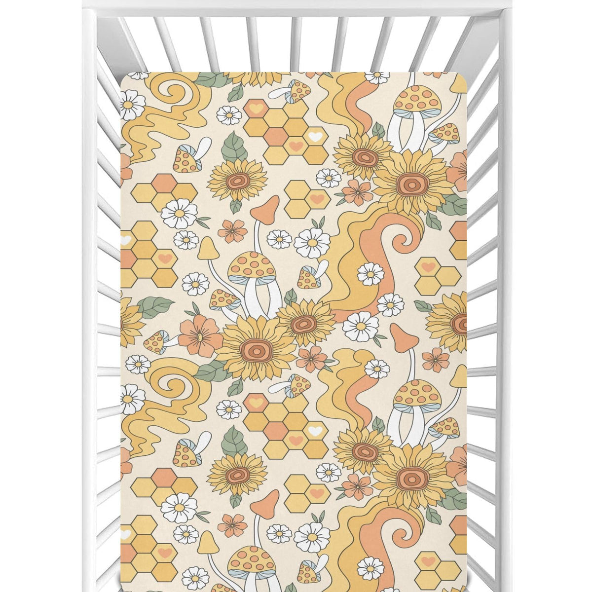 CaTaKu Hippie Flower Honey crib sheet close up texture showing soft fabric for baby comfort