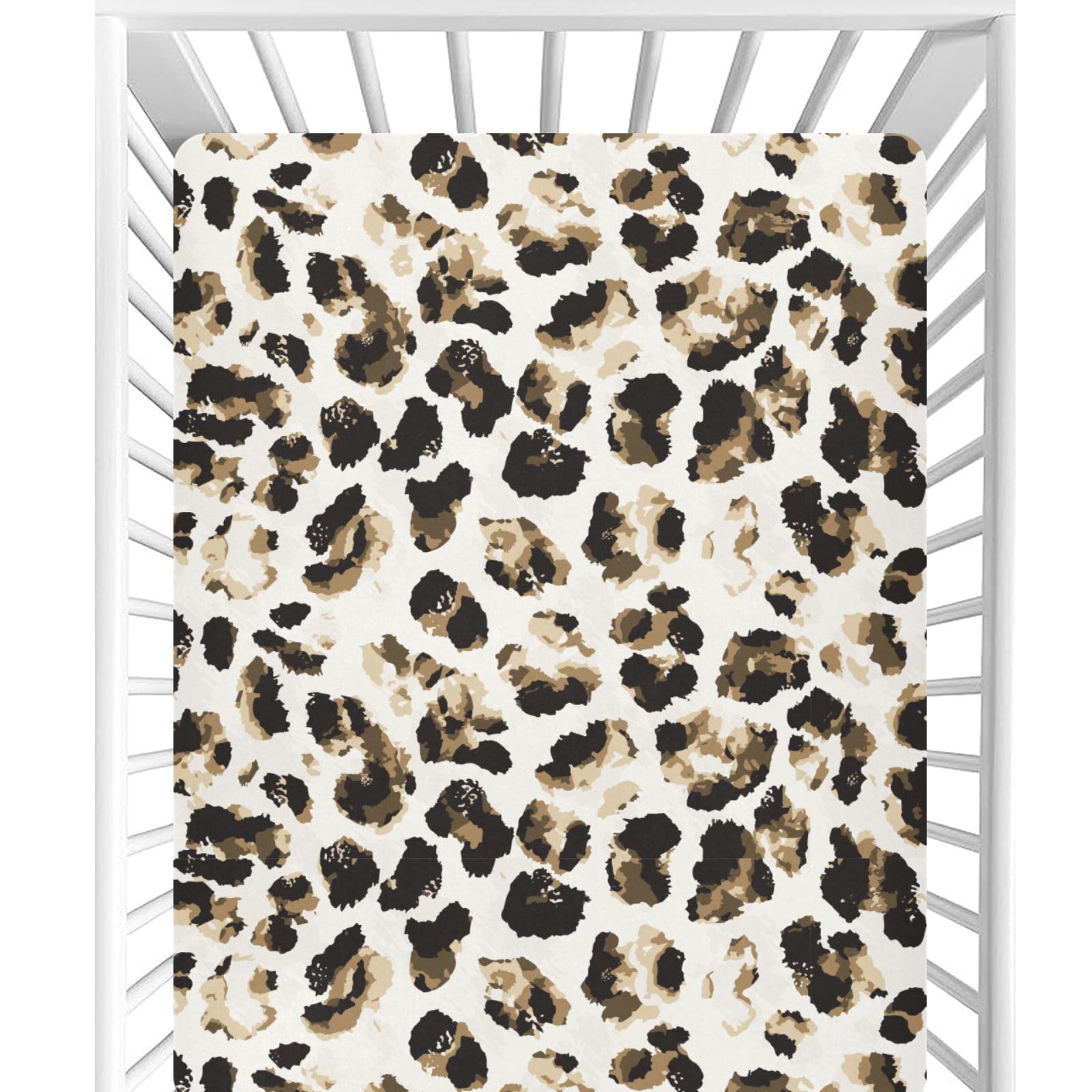 CaTaKu Leopard crib sheet closeup showing snug fit and soft texture.