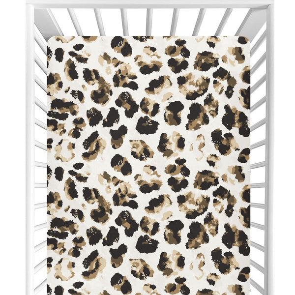 CaTaKu Leopard crib sheet closeup showing snug fit and soft texture.