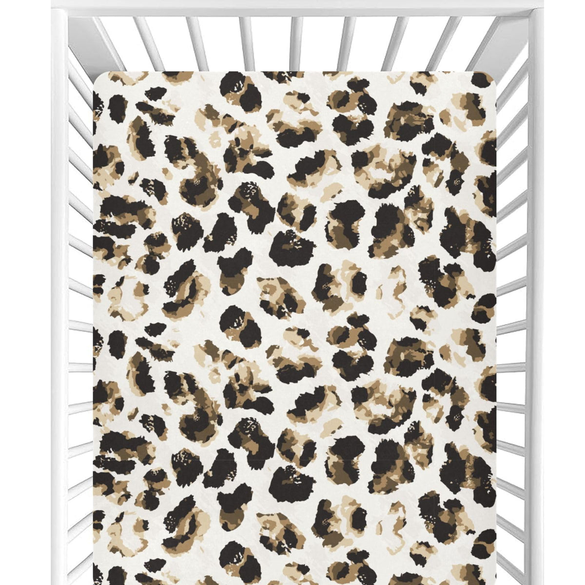 CaTaKu Leopard crib sheet closeup showing snug fit and soft texture.