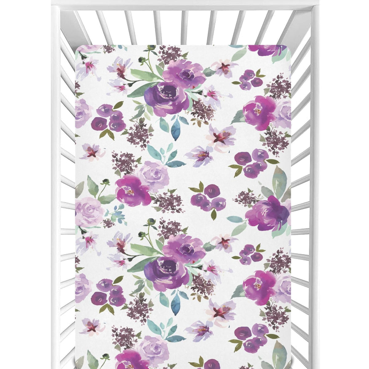 CaTaKu Purple Flower Farmhouse crib sheet pattern adds charming nursery style