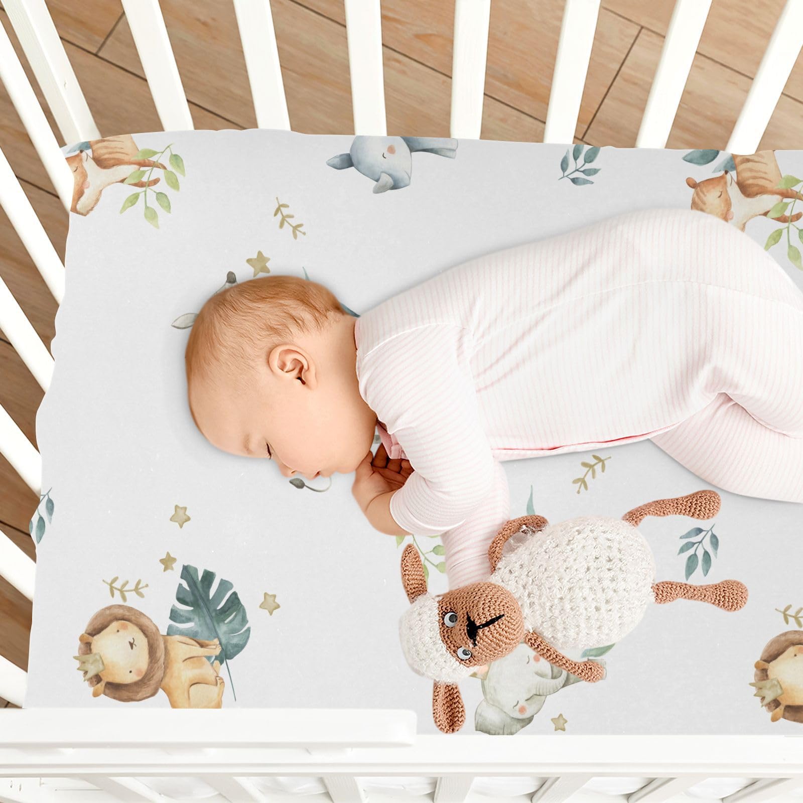CaTaKu Safari Animals crib sheet fits 52x28 mattress with 9-inch depth.