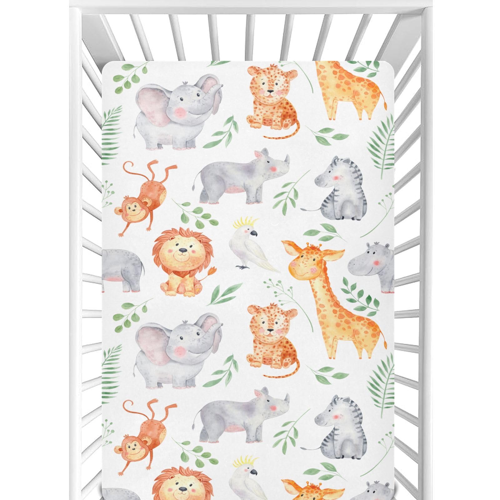 CaTaKu safari animals leaves mini crib sheet with playful print for nursery decor