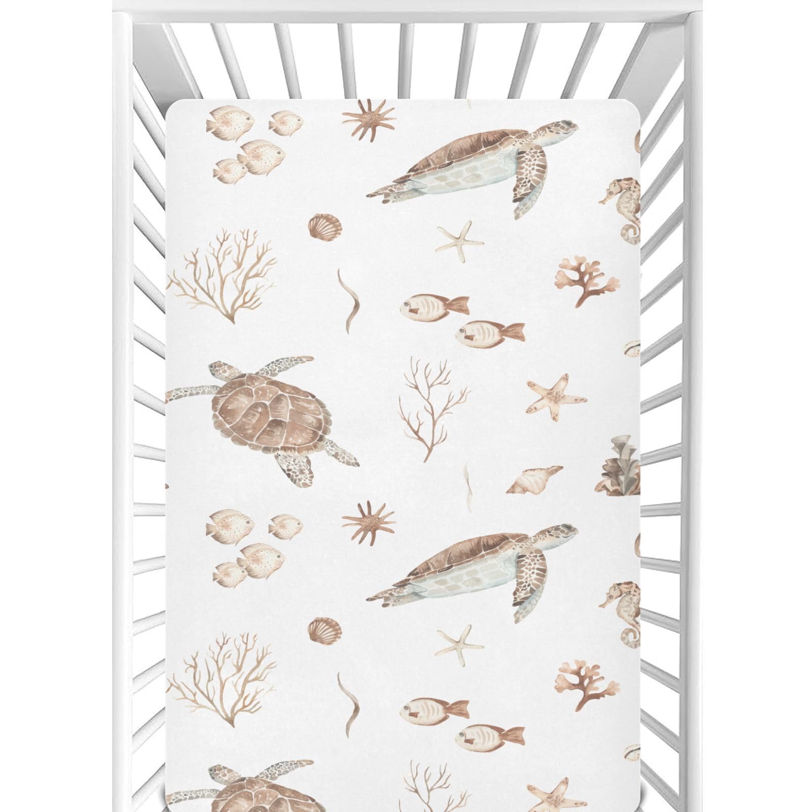 CaTaKu sea turtles seashells mini crib sheets show the playful print for a cozy nursery.