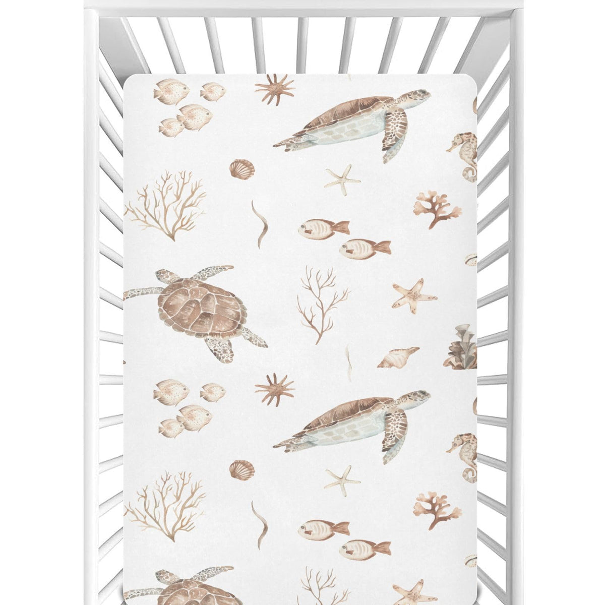 CaTaKu sea turtles seashells mini crib sheets show the playful print for a cozy nursery.