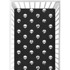 CaTaKu Skull Heads black mini crib sheet close-up showing soft fabric and secure fit