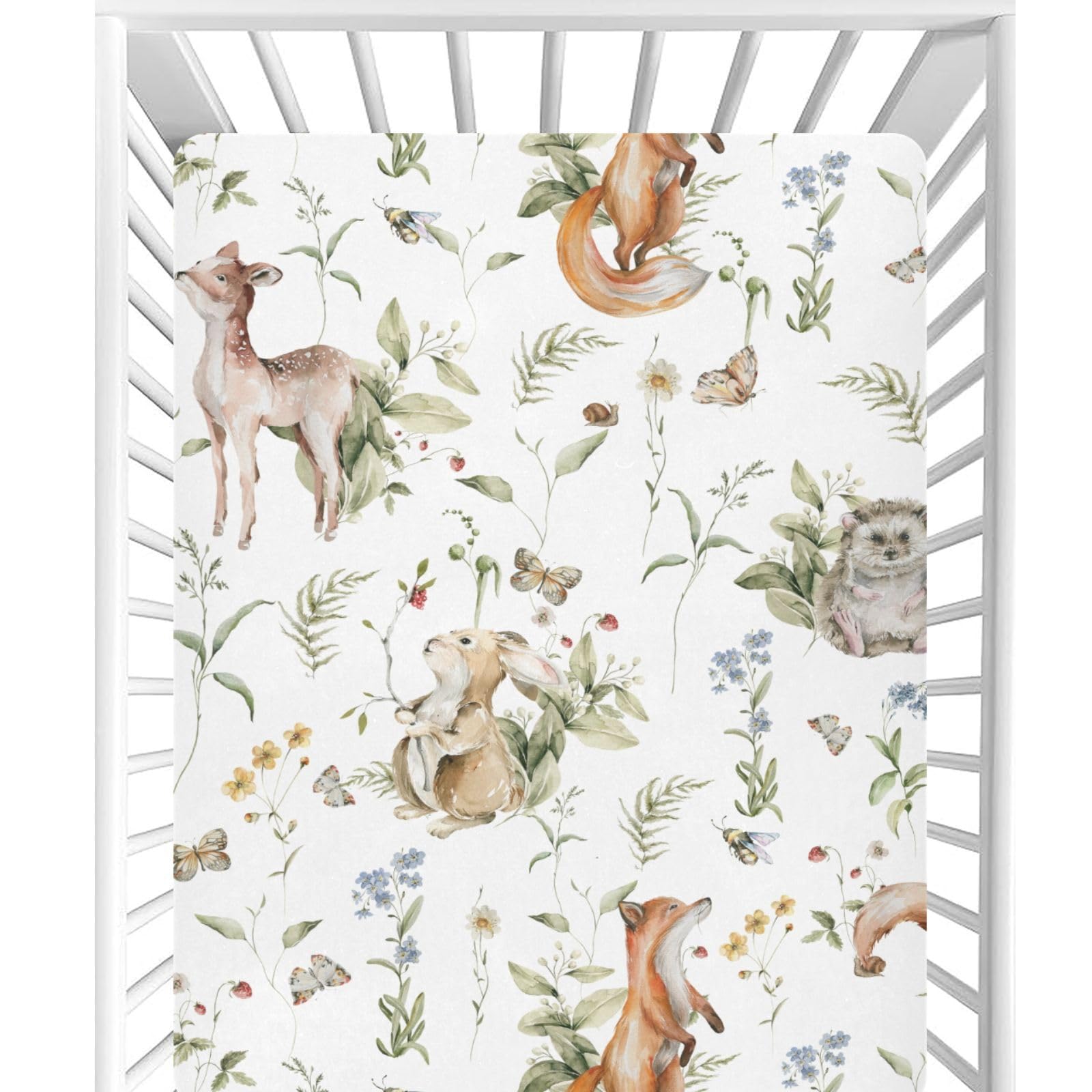 CaTaKu woodland animals print crib sheet for cozy baby sleep and playful nursery decor.