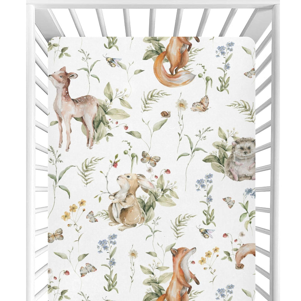 CaTaKu woodland animals print crib sheet for cozy baby sleep and playful nursery decor.