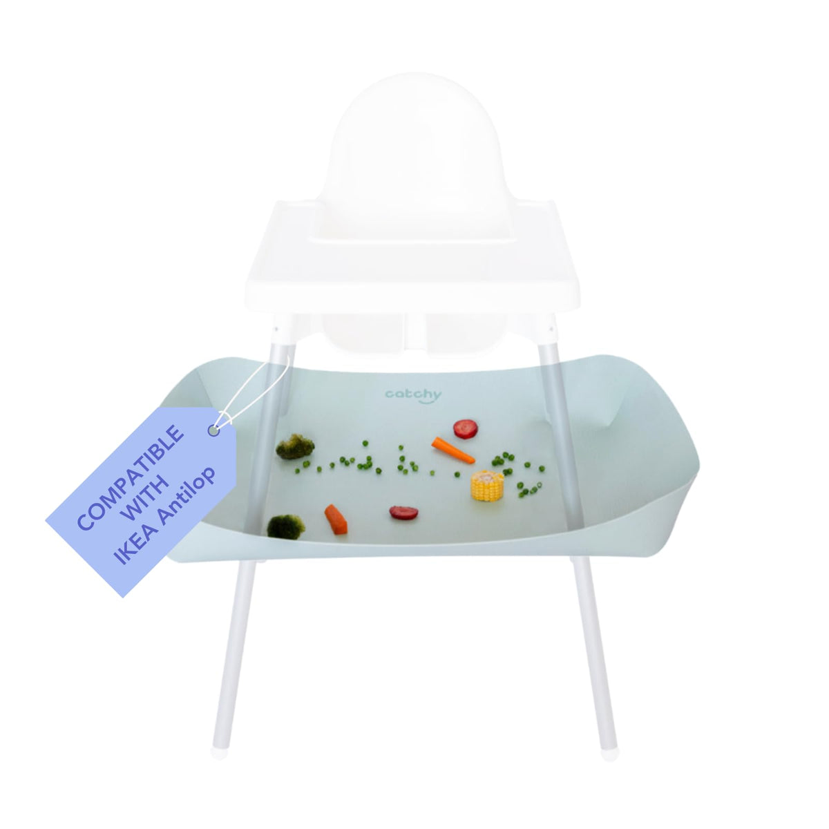 Catchy Food Catcher Antilop attachment secures under-chair protection during meals.