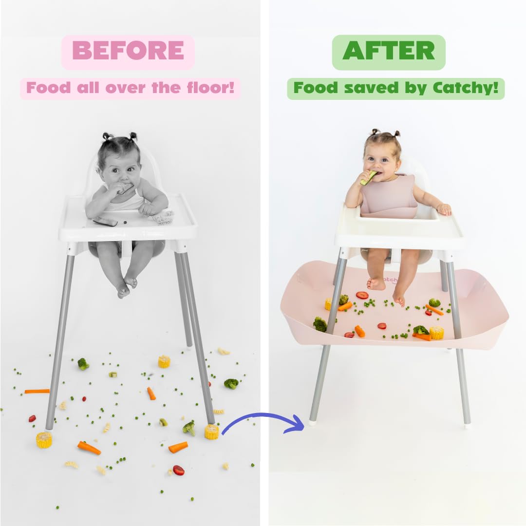 Catchy Food Catcher catches dropped food and crumbs, reducing cleanup time