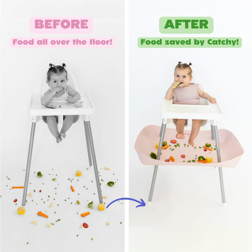 Catchy Food Catcher catches dropped food and crumbs, reducing cleanup time