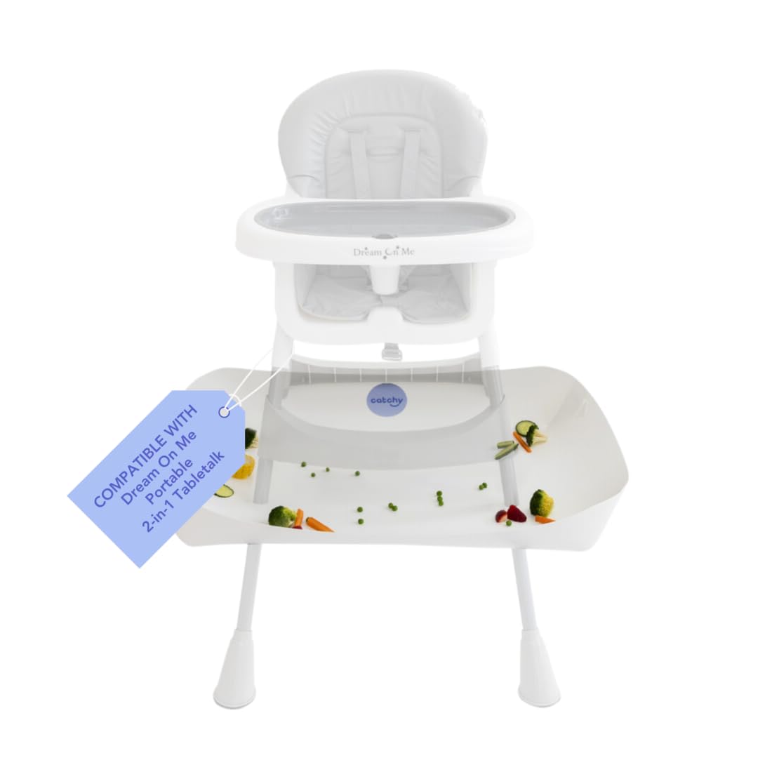 Catchy Food Catcher shown with Dream On Me tabletalk compatibility for tidy mealtimes
