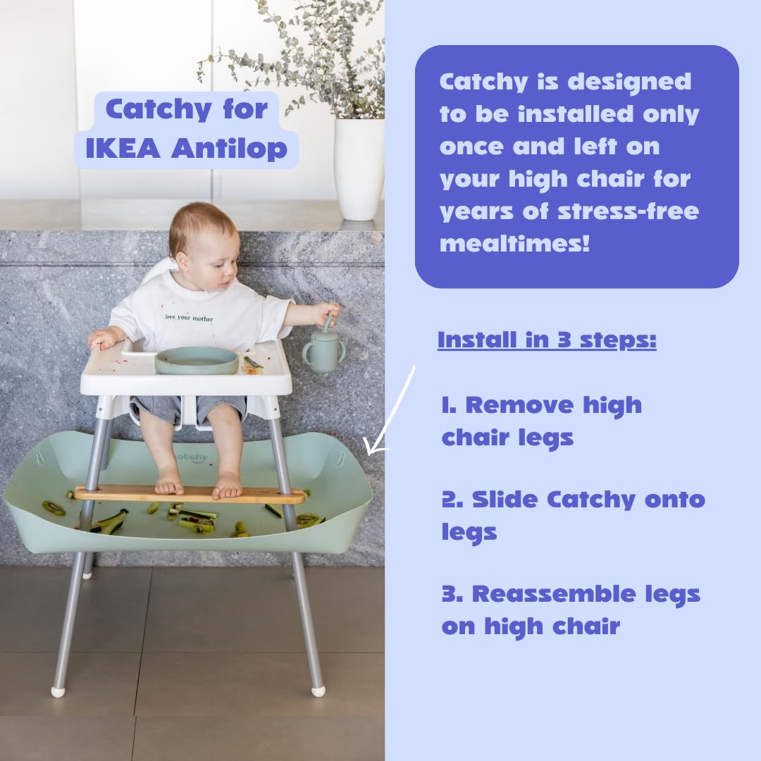Catchy Food Catcher provides floor protection by catching dropped food.