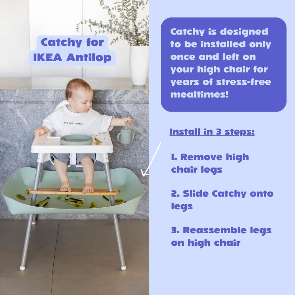 Catchy Food Catcher provides floor protection by catching dropped food.
