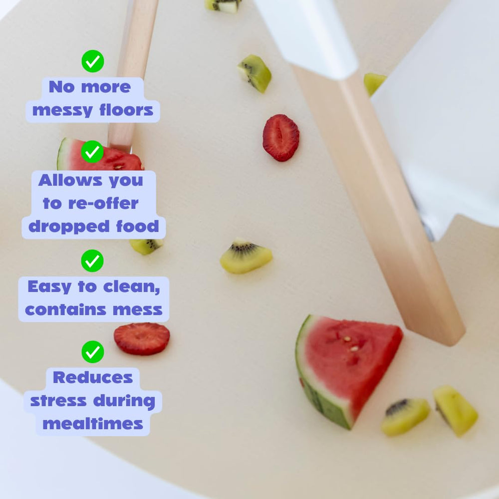 Catchy Food Catcher aboard prevents floor mess and staining during meals.