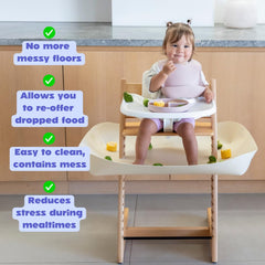 One-time installation of Catchy Food Catcher demonstrated on chair.