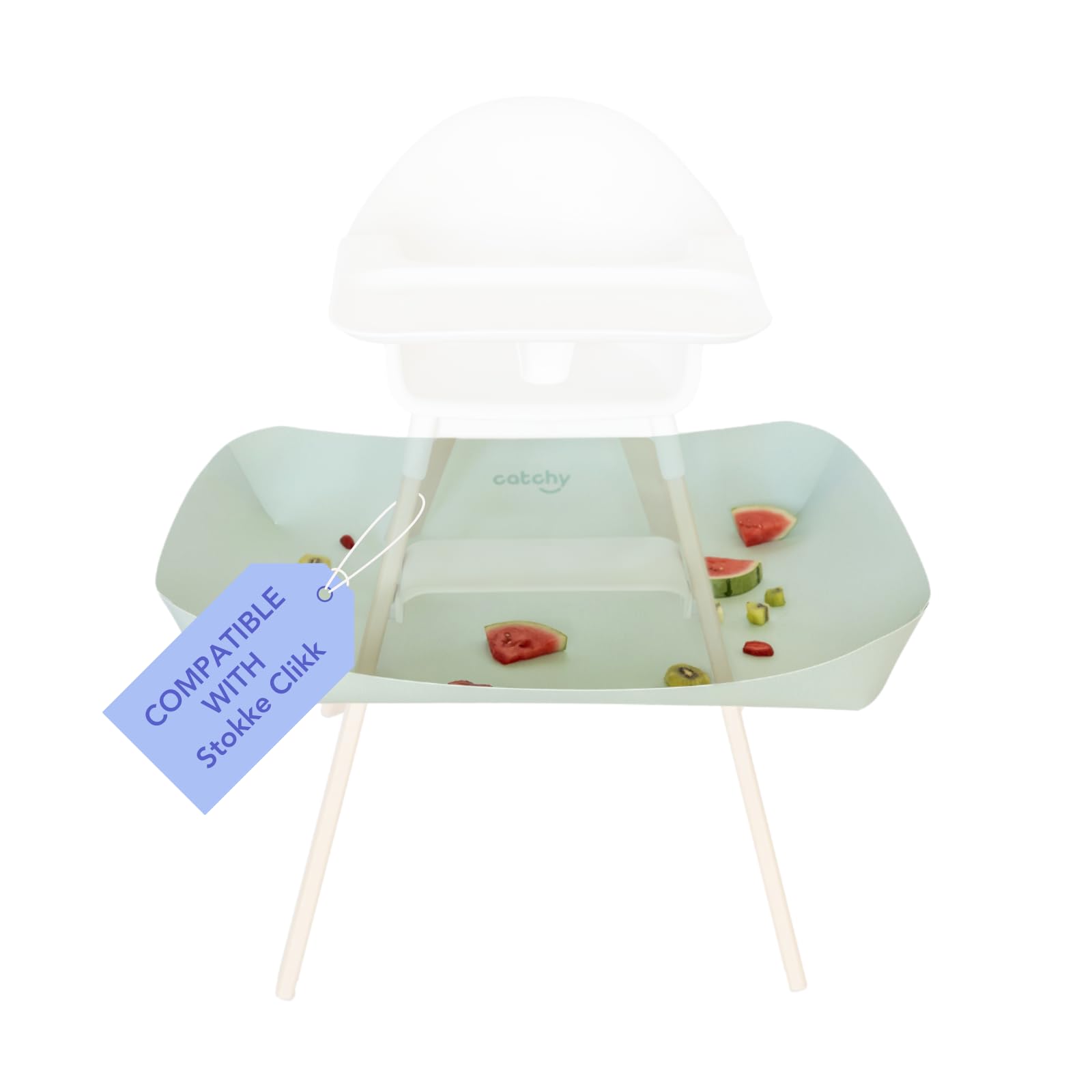 Catchy Food Catcher attached to Stokke Clikk high chair keeps crumbs off the floor