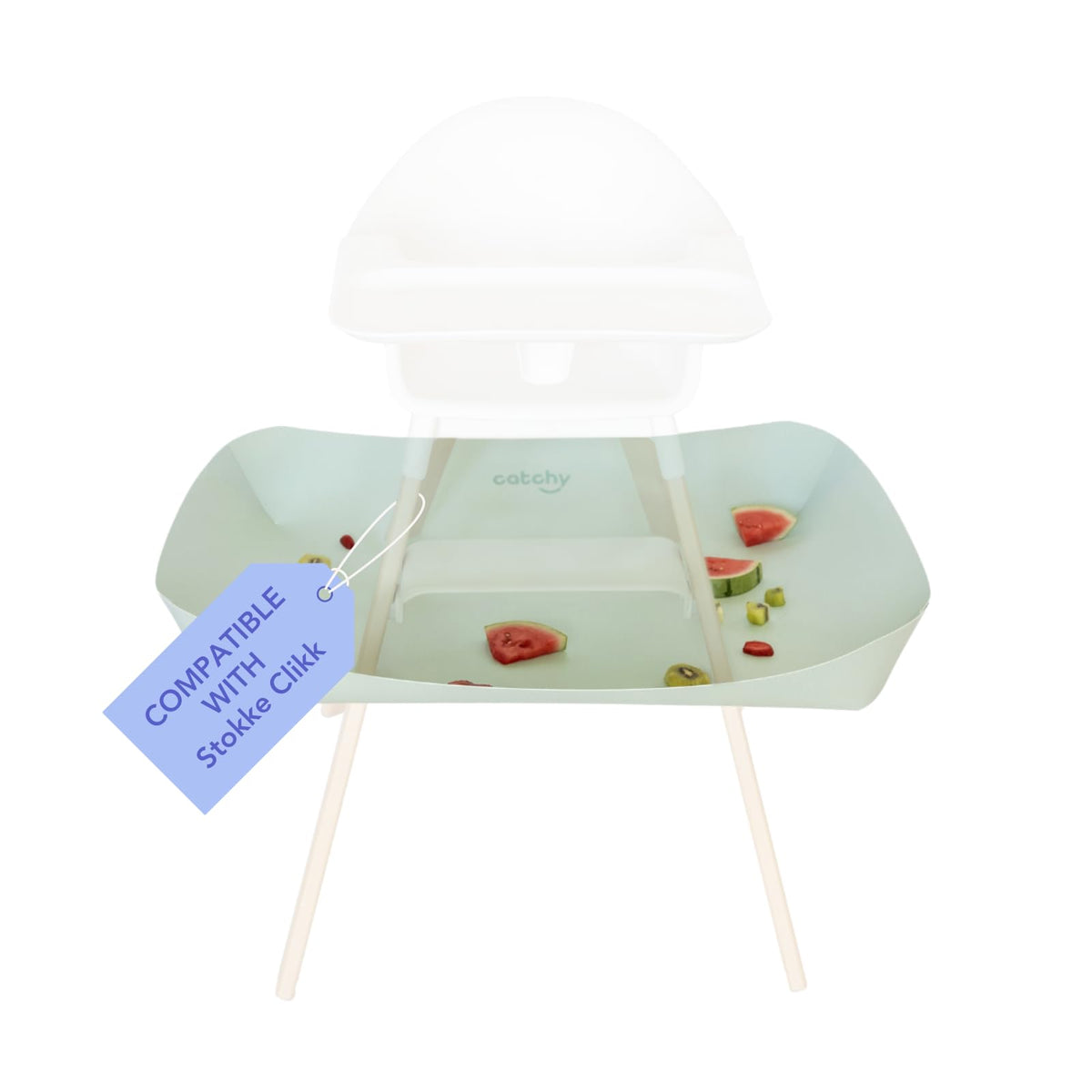 Catchy Food Catcher attached to Stokke Clikk high chair keeps crumbs off the floor