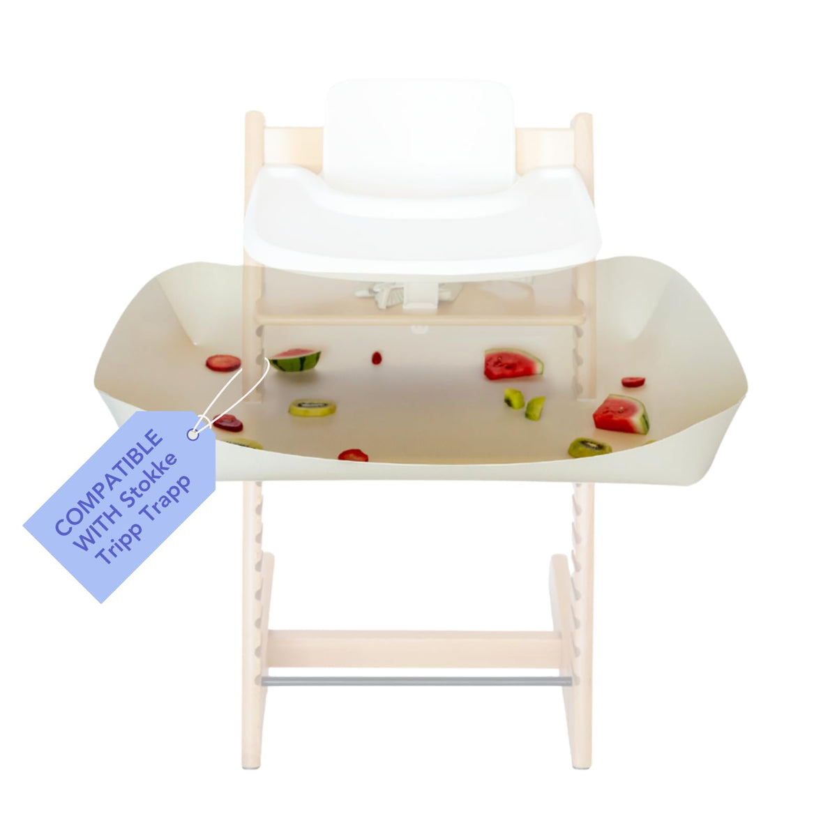 Catchy Food Catcher on Stokke Tripp Trapp protects floors from dropped food.