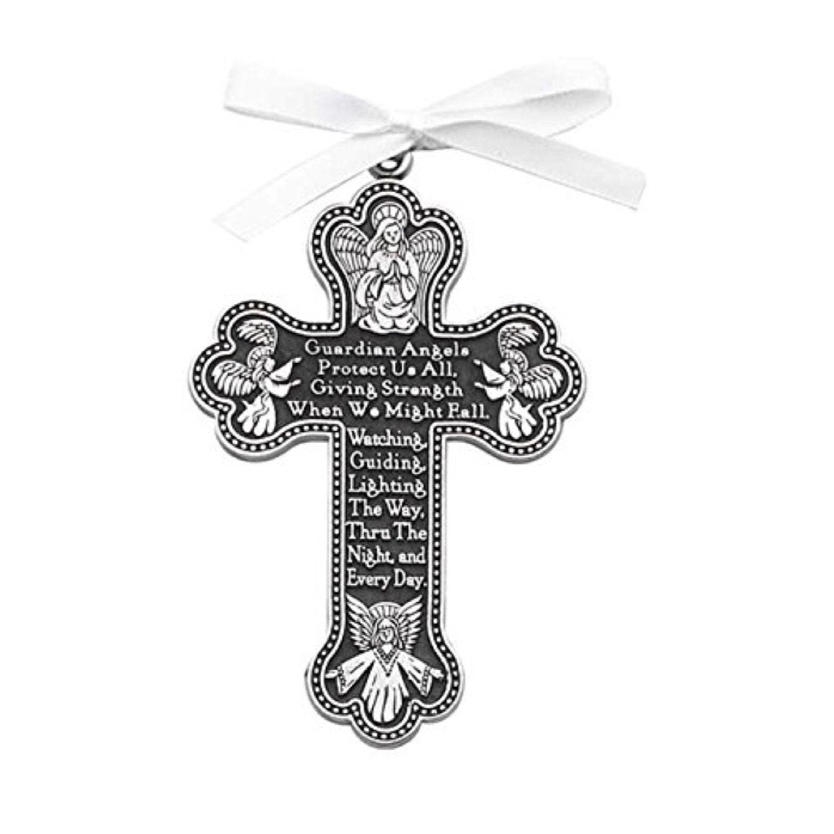 Cathedral Art Guardian Angel crib cross with white ribbon, ideal keepsake for christenings and baptisms.