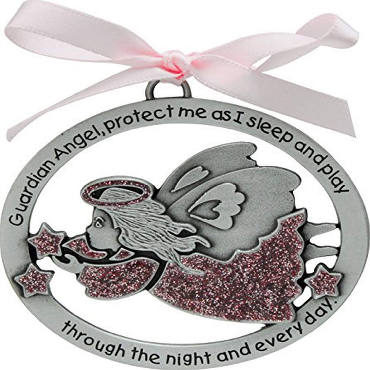 Cathedral Art guardian angel crib medal with pink enamel details for nursery peace
