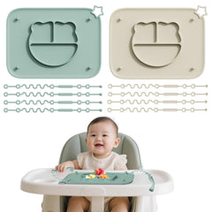 Cathill 2-pack silicone baby placemats in beige and green, designed for mess-free meals.