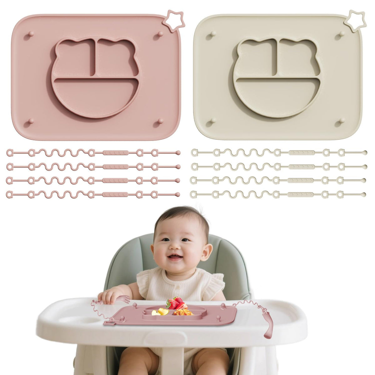 Cathill two-pack placemats with beige and pink suction cups for mess-free meals.
