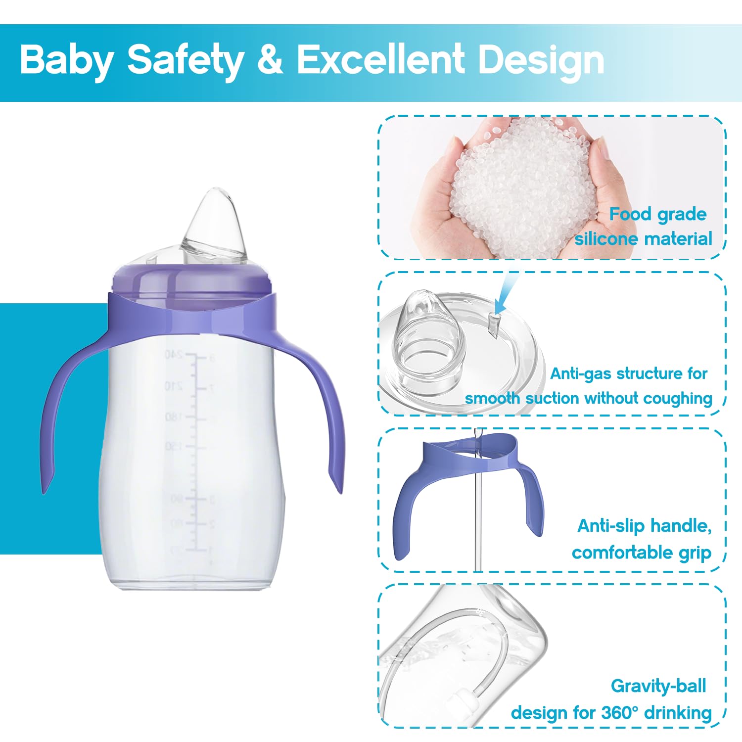 Cathill bottle-handle supports tiny hands for easy gripping.