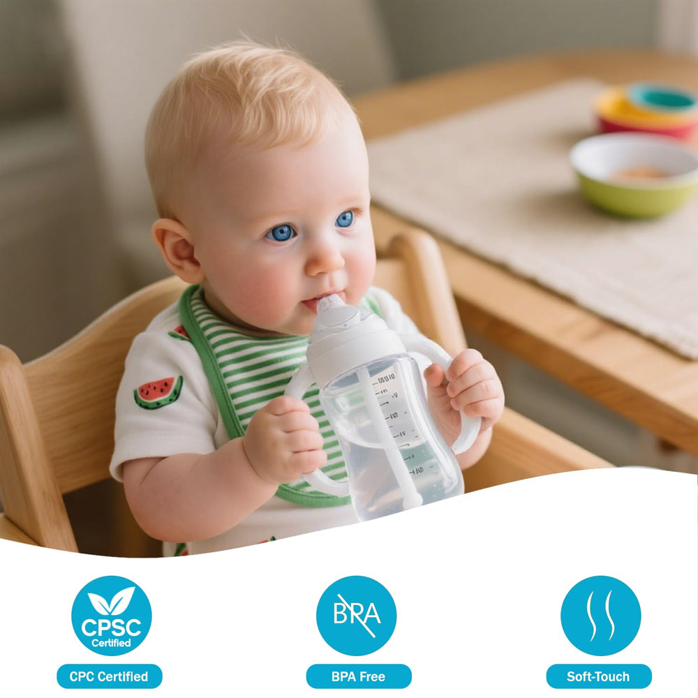 Cathill easy-transition spout aids 8-month-olds switching from bottle to cup.
