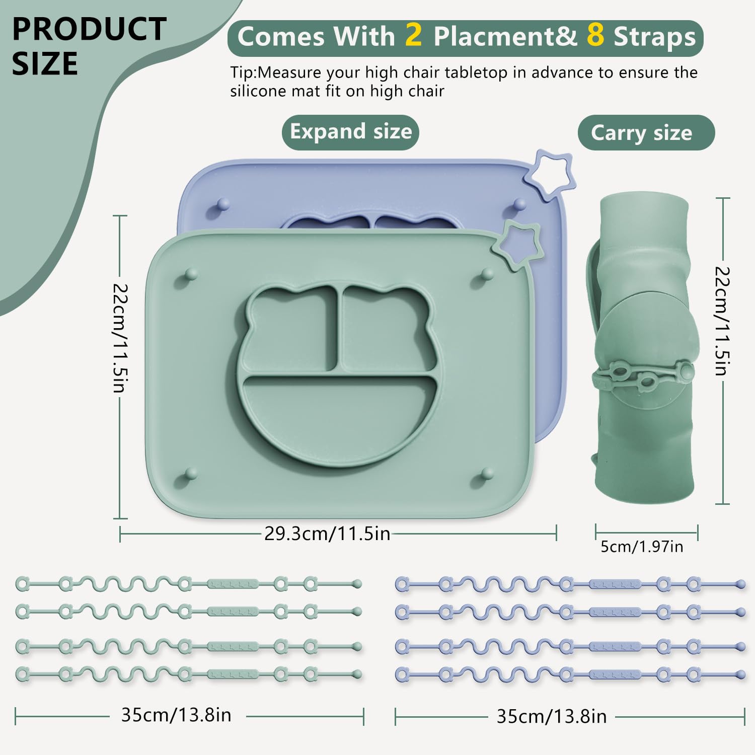 Cathill placemats with five suction cups for secure attachment on smooth surfaces.